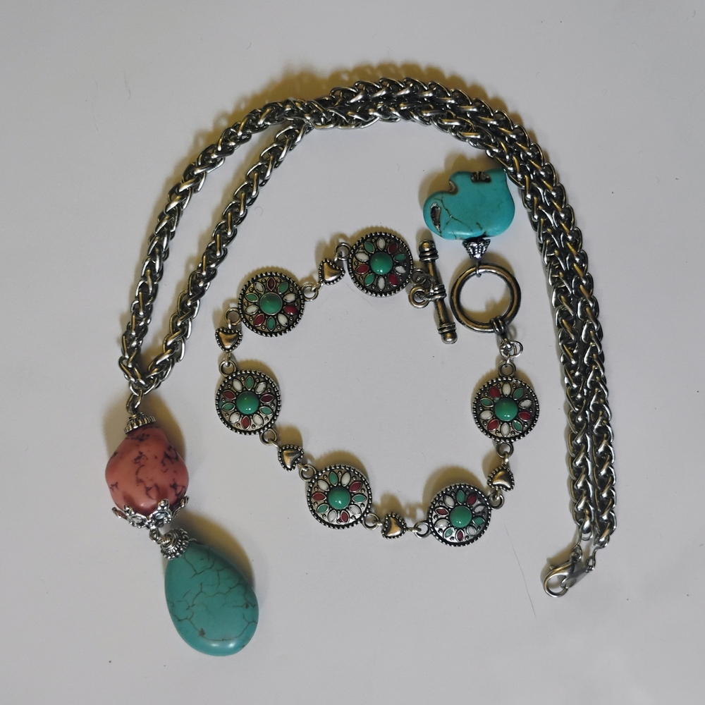 Blue and Pink Bohemian Necklace with Teardrop Pendant
